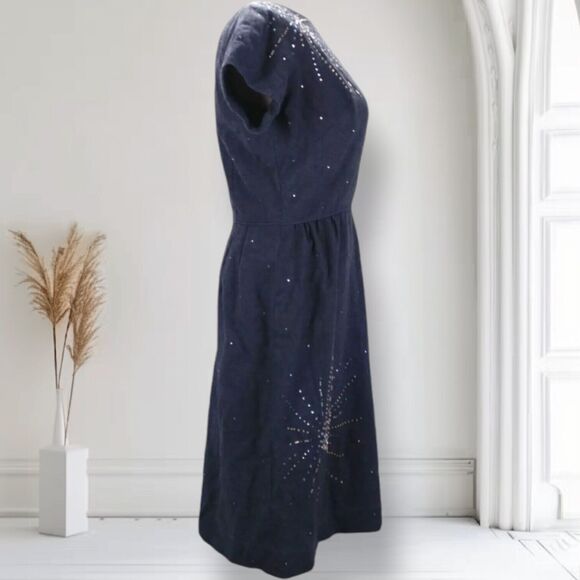 Vintage 50s 60s Beaded Fitted Cocktail Sheath Dress Size 6 Chambray Boat Neck - Picture 3 of 13